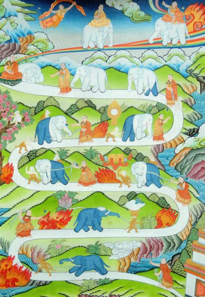 Thangka tibetana de los nueve peldaños de la mente, el elefante y la mente del mono